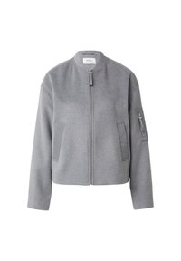 Grau melierte Bomberjacke aus Wollmischung mit Stehkragen, Frontreißverschluss und zwei Seitentaschen, die graue Akzente und eine Reißverschlusstasche am Ärmel hat.