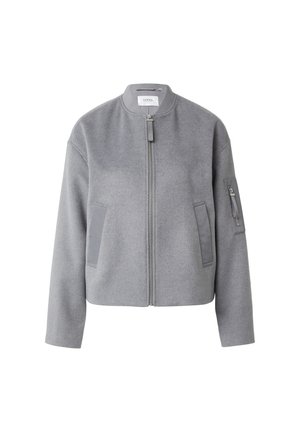 Grau melierte Bomberjacke aus Wollmischung mit Stehkragen, Frontreißverschluss und zwei Seitentaschen, die graue Akzente und eine Reißverschlusstasche am Ärmel hat.