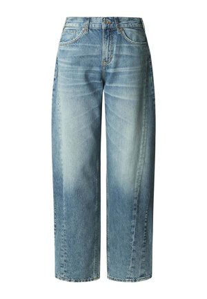 Mid-blauwe denim jeans met brede pijpen, voorzakken, riemlussen en vervaagde wassing details.