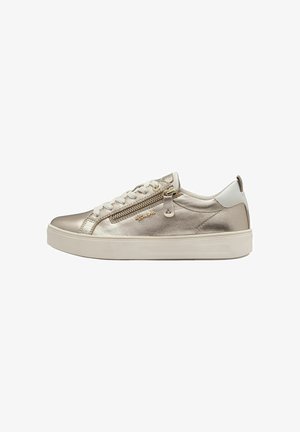 Sneaker metallic beige con tomaia liscia, dettagli bianchi, design con lacci e zip laterale. Suola in gomma bianca spessa.