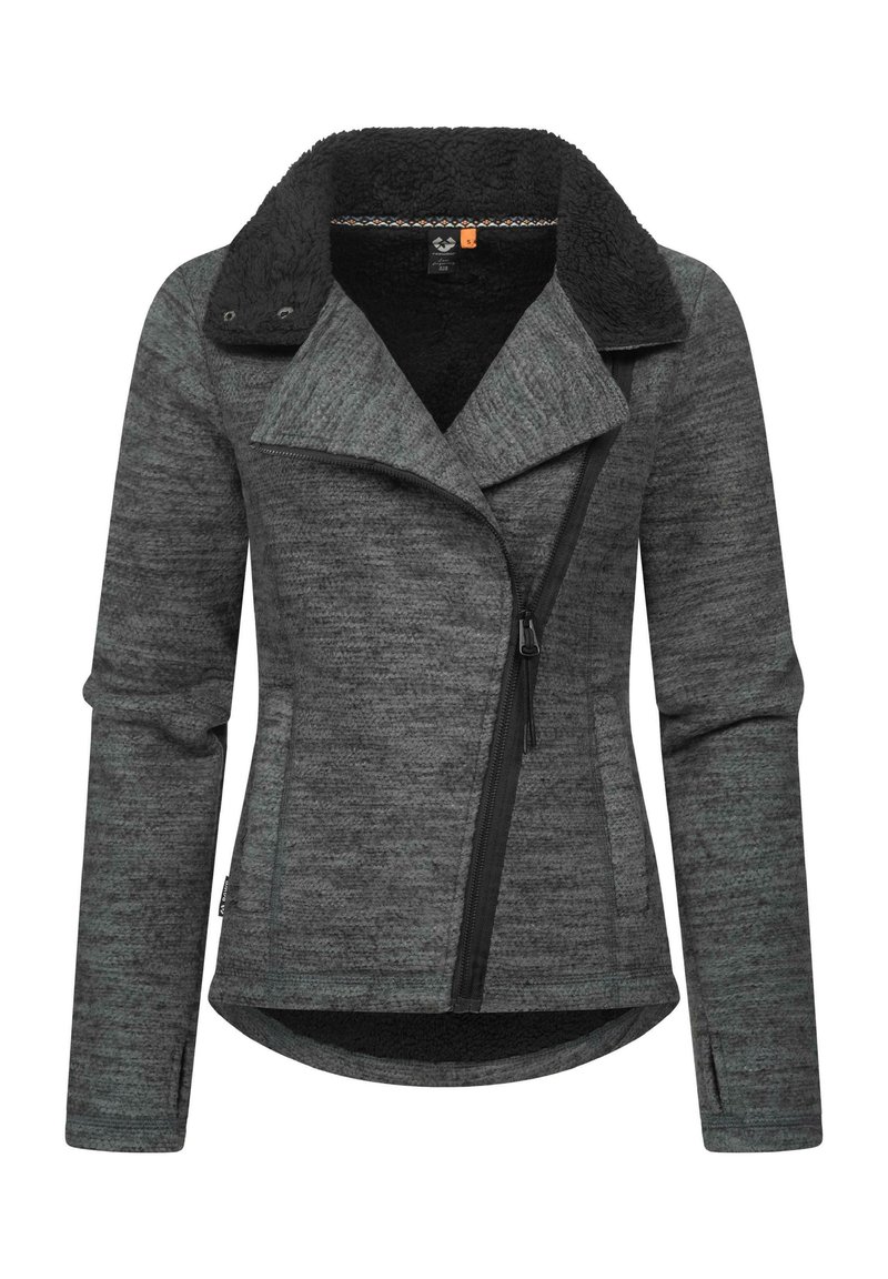 Grå zip-up jacka med en texturerad yta, svart konstläderkrage och sidofickor. Har en asymmetrisk dragkedja och en rundad nederkant.