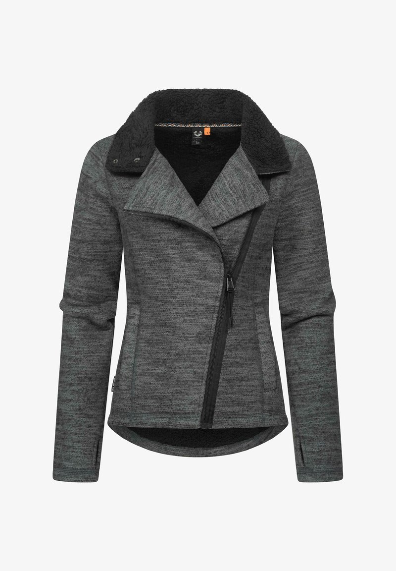 Hallise tõmblukuga jakk tekstuurse välispindaga, must faux-fur krae ja küljetaskud. Omab asümmeetrilist tõmblukku ja kõverat hemmi.