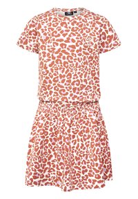 Kurzärmliges Kleid mit elastischem Bund, das mit einem rosa und braunen Tierdruck sowie einem kleinen Logo auf der Brust gestaltet ist.