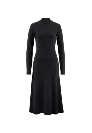 Schwarzes langärmeliges Kleid mit hohem Kragen. Enganliegendes Oberteil, das in einen schwingenden Rock übergeht. Hergestellt aus geripptem Stoff mit glatter Textur.