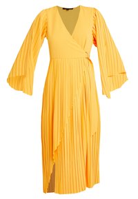 Keltainen pleated-midi-mekko, jossa on V-pääntie, liehuvat hihat, kietaisu design ja röyhelökoristeet. Valmistettu kevyestä kankaasta, joka on sileä tekstuuriltaan.