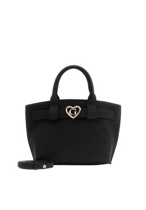Schwarze gesteppte Handtasche mit zwei Henkeln, einem abnehmbaren Trageriemen daneben und einem goldfarbenen, herzförmigen Verschluss mit dem Buchstaben G.