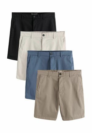 Štyri páry pánskych šortiek s hladkým predným dielom v čiernej, béžovej, modrej a svetlohnedej farbe, zvisle poskladané s viditeľnými gombíkmi a pútkami na opasok.