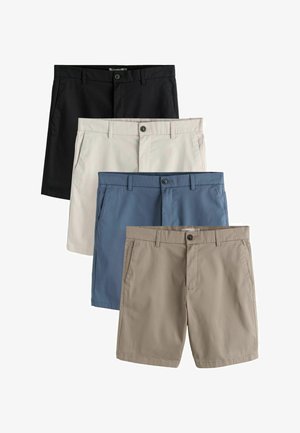 Négy pár férfi, sima elejű rövidnadrág fekete, bézs, kék és világosbarna színekben, függőlegesen egymásra rakva, gombokkal és övös hurkokkal láthatóan.