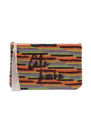 Bolsa de punto multicolor con rayas horizontales en naranja, púrpura, verde y negro, con cremallera blanca con borla y texto "Côte d'ombre".