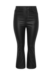 Svarta faux läderbyxor med en åtsittande design, medelhög midja och utsvängd bensluttning, med en mjuk textur och minimal hårdvara.