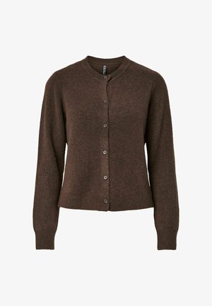 Brown cardigan with a round neck, long sleeves, and button closure. Made from a soft textured material, featuring a fitted silhouette.