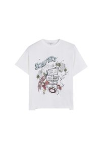 White cotton t-shirt featuring a graphic print with "SCALPERS" text, colorful designs including symbols and text, short sleeves, and a relaxed fit.