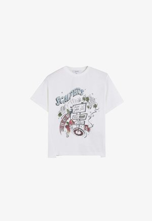 Camiseta de algodón blanca con un estampado gráfico que incluye el texto "SCALPERS", diseños coloridos con símbolos y texto, mangas cortas y un corte relajado.