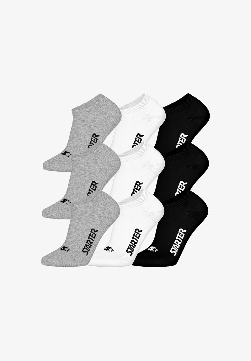 Nove calze corte in grigio, bianco e nero, ciascuna con il testo "STARTER" e un logo a stella vicino all'area delle dita.
