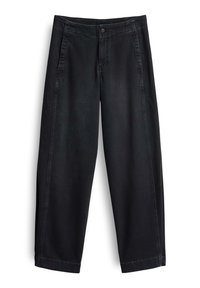 Schwarze Denim-Hose mit hoher Taille, geradem Schnitt, zwei Seitentaschen und minimalen Nähdetails. Der Stoff wirkt weich mit einer glatten Textur.