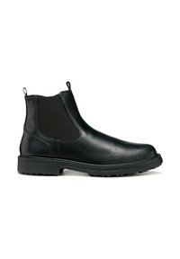 Bottine Chelsea en cuir noir avec panneaux élastiques sur les côtés, languettes de tirage et semelle en caoutchouc texturé pour une bonne adhérence. Fini lisse, design minimaliste.