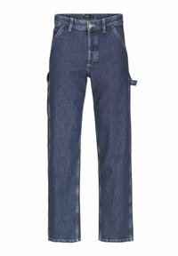 Pantaloni din denim albastru închis cu un design drept, dotati cu buzunare frontale și un buzunar lateral tip cargo, terminați cu un buton metalic și închidere cu fermoar.