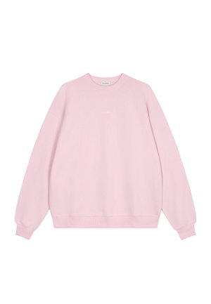 Sweat-shirt rose clair à col rond avec poignets et ourlet côtelés, logo texte blanc minimaliste centré sur la poitrine.