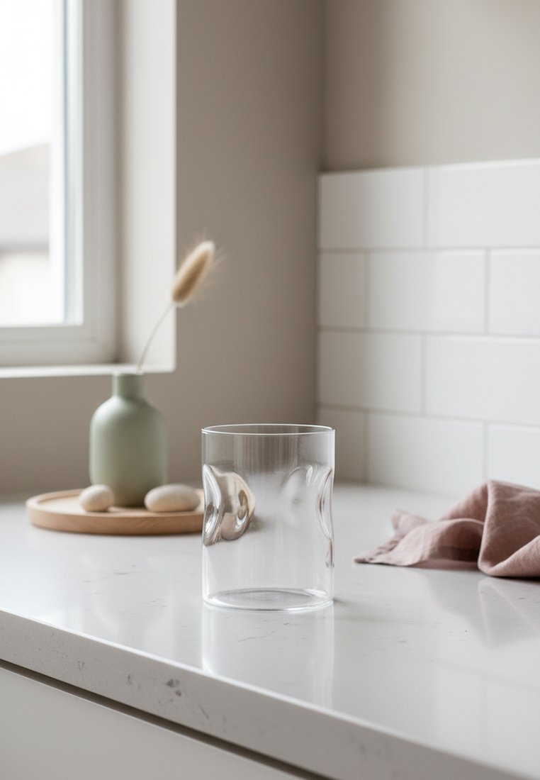 Przezroczysty szklany tumbler na białym marmurowym blacie obok stonowanego zielonego wazonu z suchym kwiatem i złożoną różową szmatką.