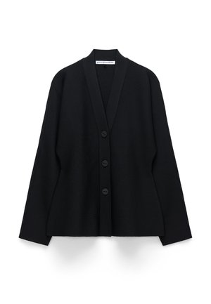 Czarny kardigan z głębokim dekoltem w kształcie litery V, zapinany na guziki z przodu, o szerokich rękawach. Wykonany z fakturowanej tkaniny, o luźnym kroju i minimalistycznym designie.