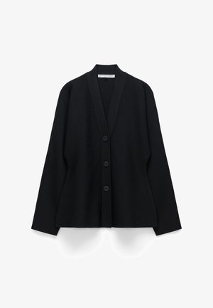 Zwarte cardigan met een diepe V-hals, knopen aan de voorkant en brede mouwen. Gemaakt van textuurstof, met een ontspannen pasvorm en een minimalistisch ontwerp.