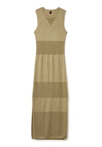 Strickkleid ohne Ärmel in Olivgrün, mit horizontalen Textmustern, hohem Kragen und maxi Länge mit seitlichen Schlitzen.