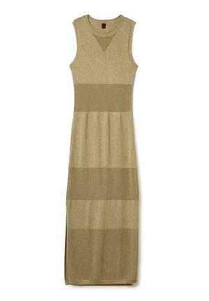 Strickkleid ohne Ärmel in Olivgrün, mit horizontalen Textmustern, hohem Kragen und maxi Länge mit seitlichen Schlitzen.
