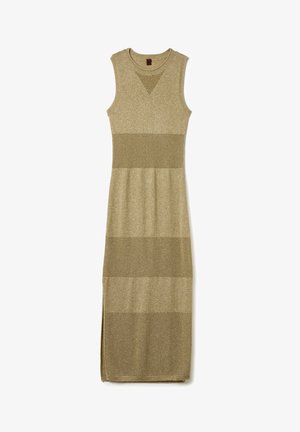 Strickkleid ohne Ärmel in Olivgrün, mit horizontalen Textmustern, hohem Kragen und maxi Länge mit seitlichen Schlitzen.