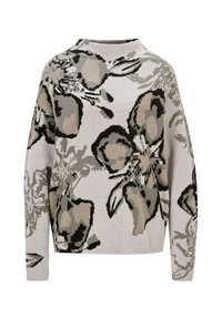 Pullover mit langen Ärmeln und hohem Kragen, der große abstrakte Blumenmuster in Beige-, Grau-, Schwarz- und Weißtönen zeigt.