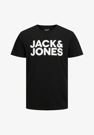 T-shirt en coton noir avec le texte blanc « JACK & JONES » en évidence sur le devant. Col rond et manches courtes, design simple.