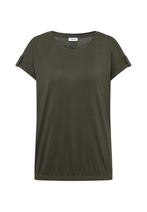 Dunkel olivgrünes T-Shirt mit kurzen Ärmeln, rundem Ausschnitt und Knopfdetail an hochgekrempelten Ärmeln.