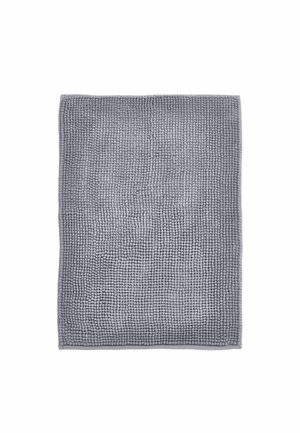 Gray rectangular bath mat with dense, soft, looped fabric texture on a white background.
