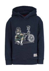 Marinblå hoodie med en grafik av en katt på en cykel, iförd en keps och solglasögon. Mjuk tyg med ribbade mudd och nederkant.
