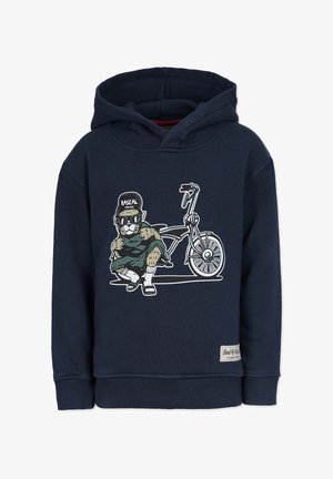 Navy huppari, jossa on graafinen kuva kissasta pyörällä, joka käyttää lippistä ja aurinkolasit. Pehmeä kangas, jossa on joustavat hihansuut ja helma.