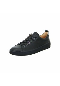 Schwarzer Leder-Sneaker mit runder Fußspitze, flacher Gummisohle und dekorativen Ösen. Verfügt über eine strukturierte Oberfläche und ein minimalistisches Design.