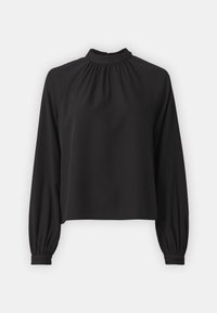 Blusa negra de manga larga con un cuello alto, detalles fruncidos en el cuello y los puños, y un corte holgado y corto. Tejido suave y liso.