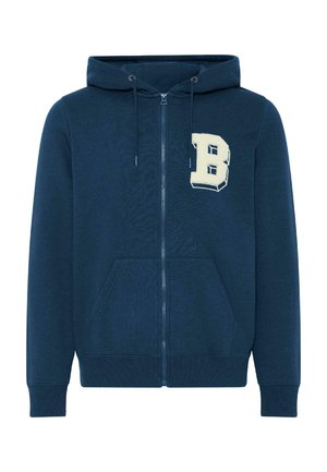 Marineblauer Reißverschluss-Hoodie aus weichem Stoff. Mit einer Fronttasche, einer Kapuze mit Kordelzug und einem cremefarbenen "B"-Logo auf der linken Brust.