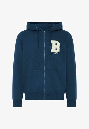 Marineblauwe rits-hoodie gemaakt van zachte stof. Beschikt over een voorkantzak, een capuchon met trekkoord en een crèmekleurig "B"-logo op de linkerkant van de borst.
