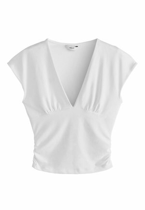 Wit shirt met korte mouwen, diepe V-hals, geplooid detail onder de buste en een licht aansluitende taille.
