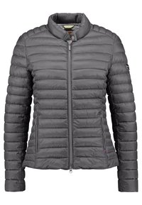 Dark gray quilted puffer jacket with full front zipper, stand collar, zippered side pockets, and long sleeves.