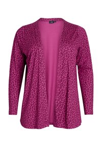 Magenta-punainen neuletakki, jossa on leopardikuosi, kevyt materiaali, avonainen etuosa, pitkät hihat ja sileä pinta.