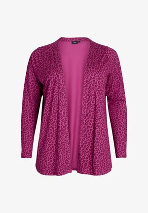 Magenta purpurinė megztinis su leopardų raštu, lengvas audinys, atviras priekyje, ilgomis rankovėmis ir lygiu paviršiumi.