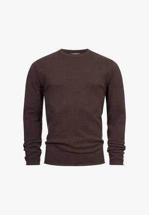 Bruine lange mouwen trui met een textuur gebreide stof. Heeft een ronde halslijn en licht aansluitende boorden. Eenvoudig, ongepatroneerd ontwerp.