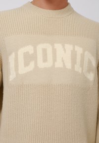 Beige knitted sweater with a ribbed texture and round neckline, featuring a prominent "ICONIC" text design in a lighter shade.
