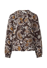 Bruine blouse met patroon en lange mouwen, voorzien van paisley- en bloemontwerpen in wit en mosterd. Lichtjes geraffineerde manchetten, relaxed fit.