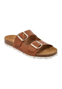 Sandalo scivoloso in pelle marrone con due cinturini con fibbia, soletta in sughero e suola maculata bianca per una migliore aderenza.