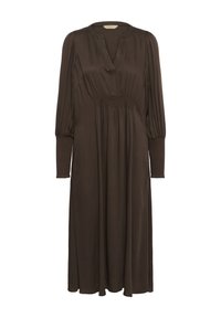 Rochie lungă, maro, cu mâneci lungi și decolteu în V, cu manșete strânse. Fustă fluidă, de lungime midi, cu pliuri sub bust pentru o potrivire confortabilă.