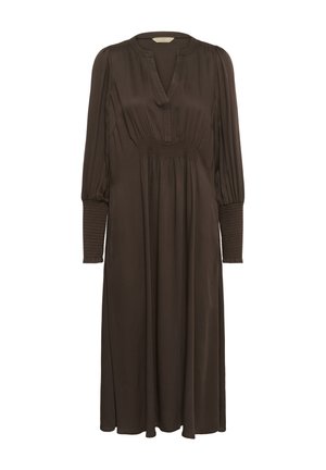 Rochie lungă, maro, cu mâneci lungi și decolteu în V, cu manșete strânse. Fustă fluidă, de lungime midi, cu pliuri sub bust pentru o potrivire confortabilă.