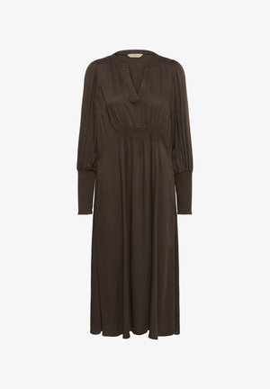 Bruine jurk met lange mouwen, een V-hals en smockmanchetten. Vloeiende, midi-lange rok met plooien onder de buste voor een vrije pasvorm.