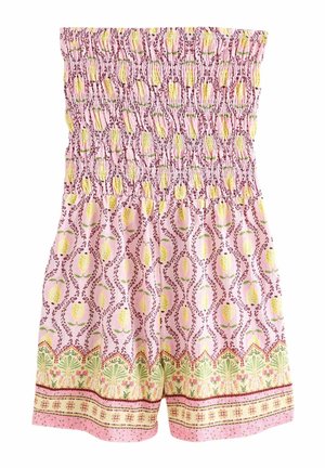 Combinaison courte rose sans bretelles en tissu avec motif citron jaune et feuilles vertes, partie supérieure smockée élastique et bordure décorative multicolore à l’ourlet.